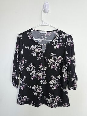 MANDEE Floral Print Blouse 3/4 Sleeve Black Purple White Small Made in Canada🔥